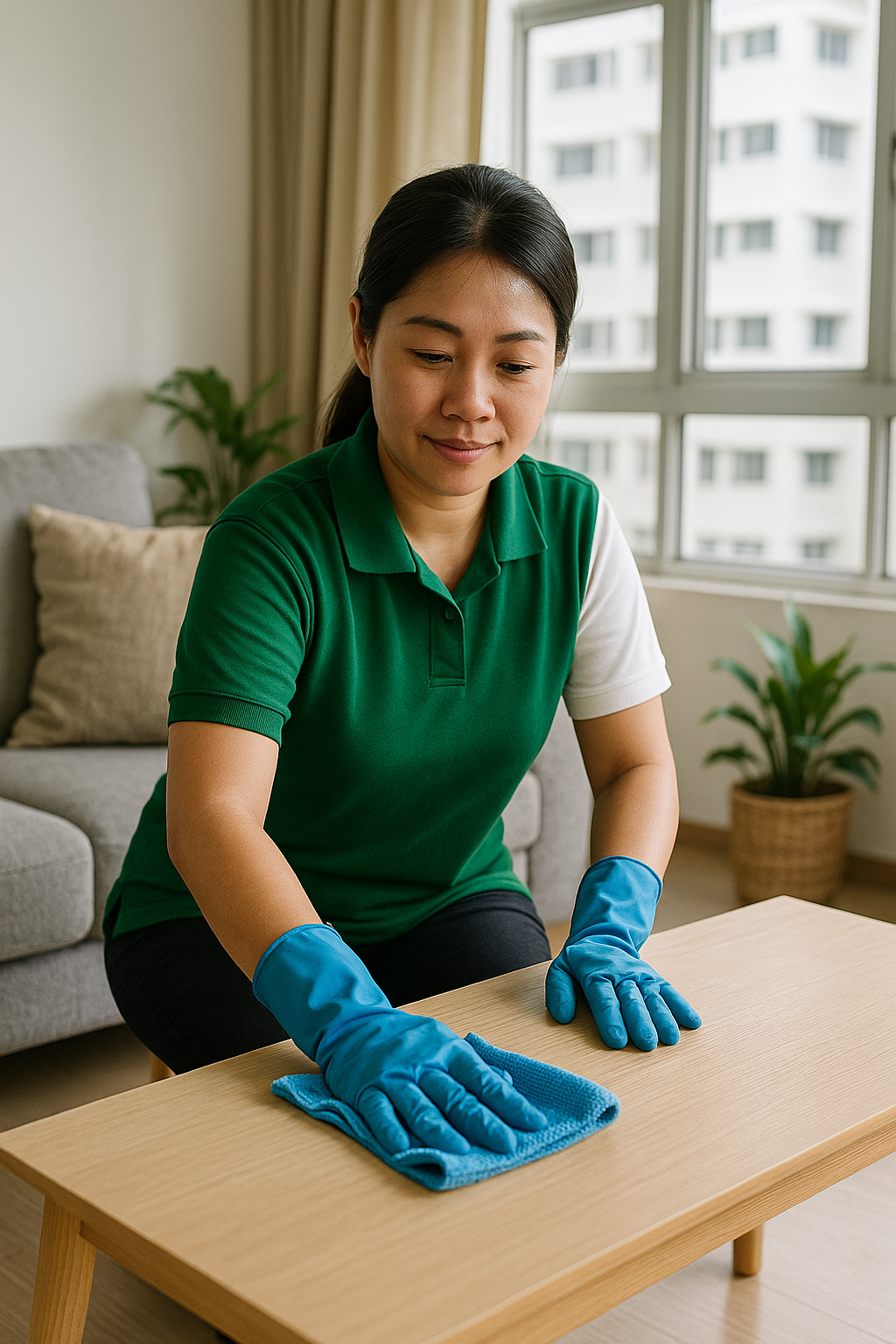 Cleaner wiping surfaces in a bright Singapore apartment living room