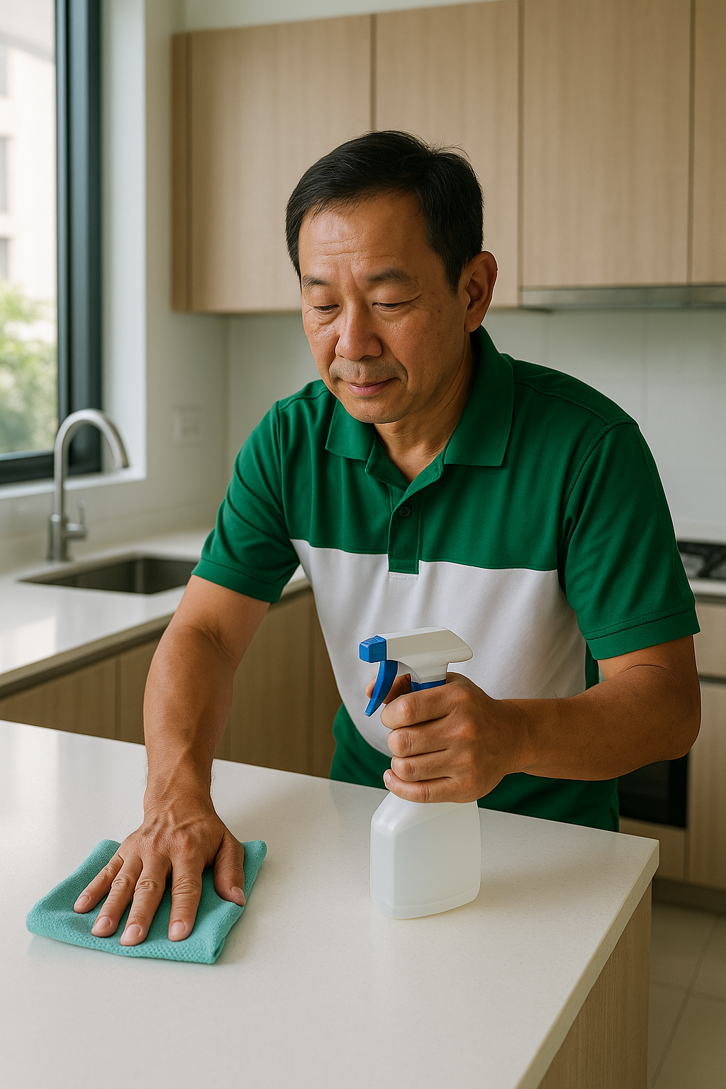 Cleaner wiping a condo kitchen counter in Singapore
