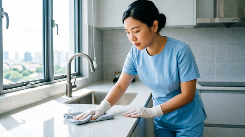 Cleaner wiping kitchen surfaces in a Singapore home